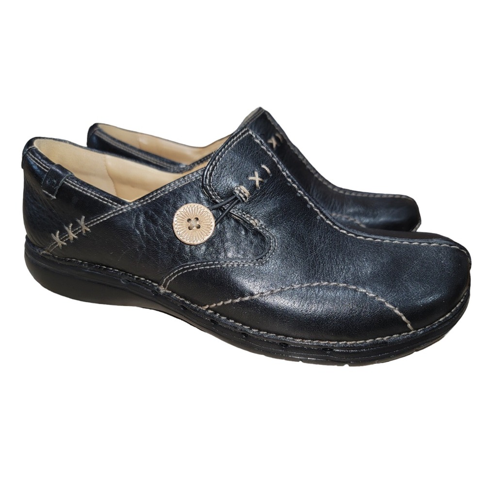 Clarks Unstructured Unloop Women's Black Leather Slip On Clogs Loafers‎ Shoes 8M